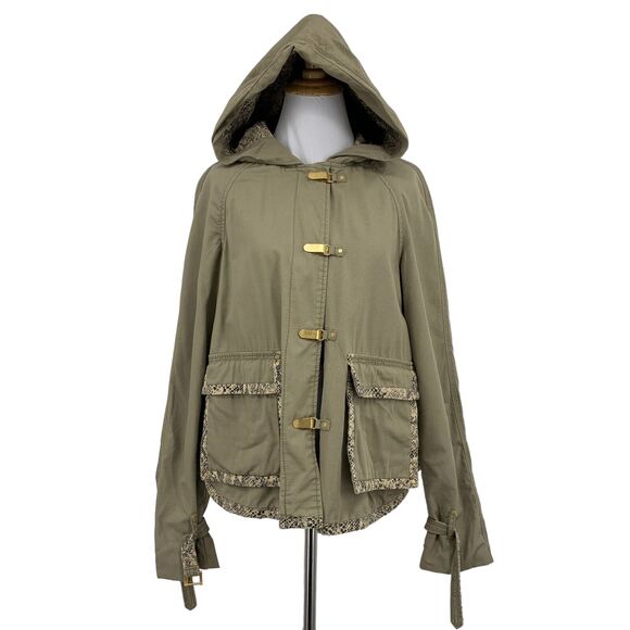 Rebecca Taylor Jacket Womens 6 Olive Paddington Toggle Snakeskin Utility Hoodie - Picture 1 of 12